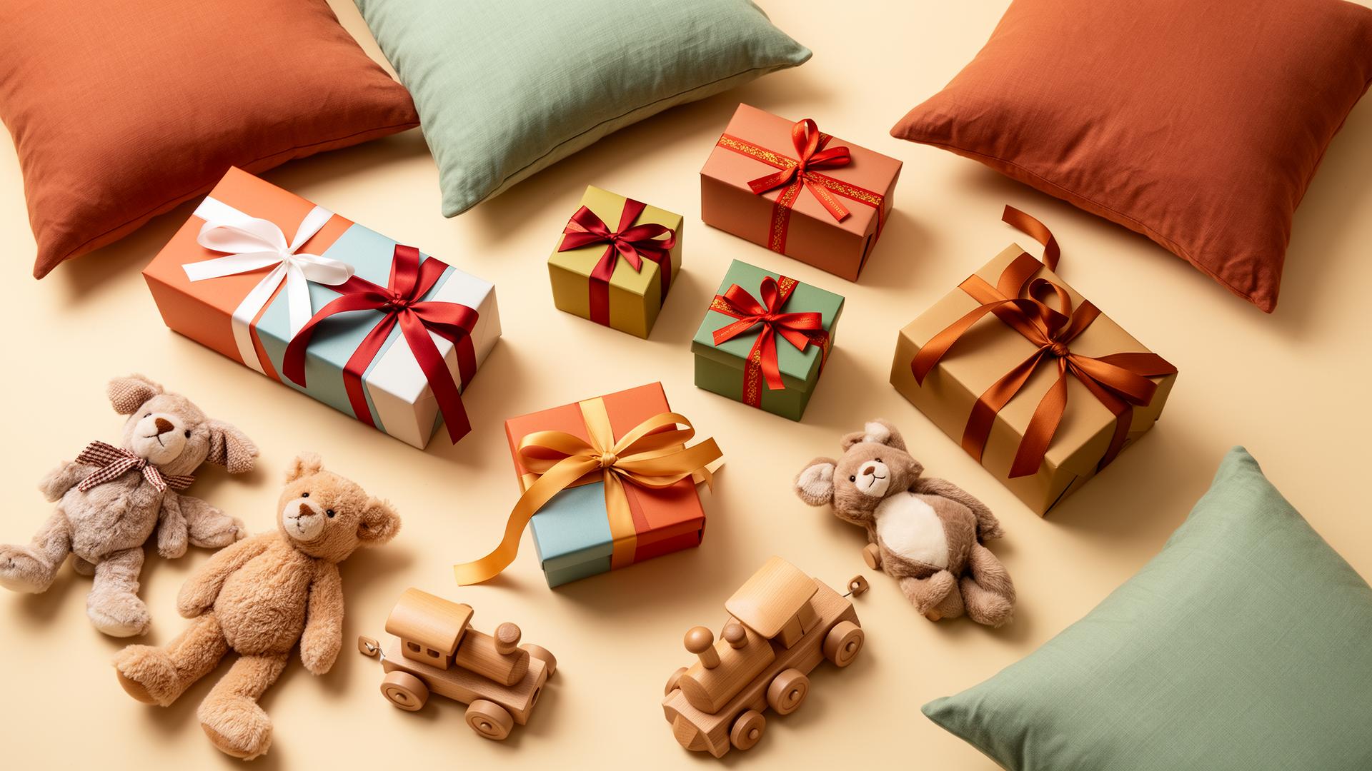 Presentes coloridos com laços e ursinhos de pelúcia